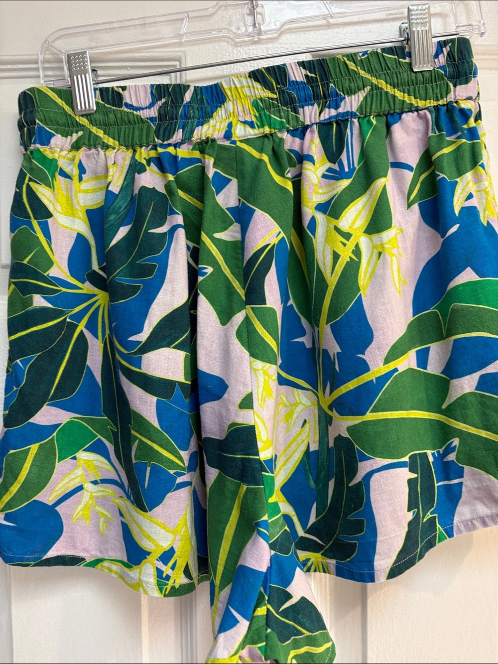 Women’s Tropical Leaf Print Drawstring Shorts - Blue/Green - Picture 6 of 9